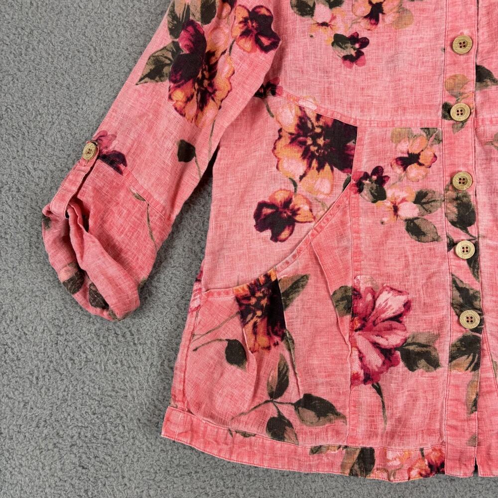 John Mark Linen Tunic Small Floral Lagenlook Cottage Roll Tab Pockets Natural - Picture 3 of 11